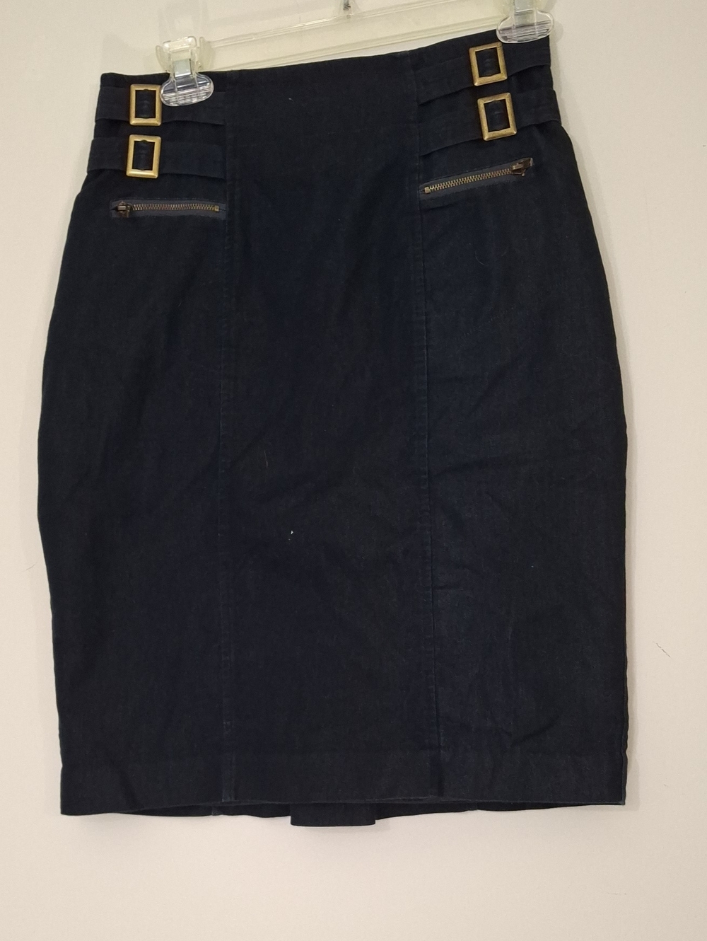 Classic Navy Pencil Skirt with Gold Buckle Detail,  Size 4